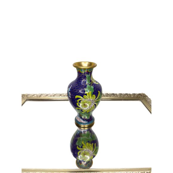 Vintage Cloisonné Vase 6" Floral Oriental Jar~Blue Enamel Pink Florals - Picture 1 of 9